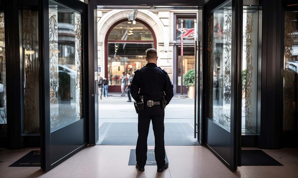 Security Officer Stands By The Entrance Of Bank During Bank Security Guard Duty.